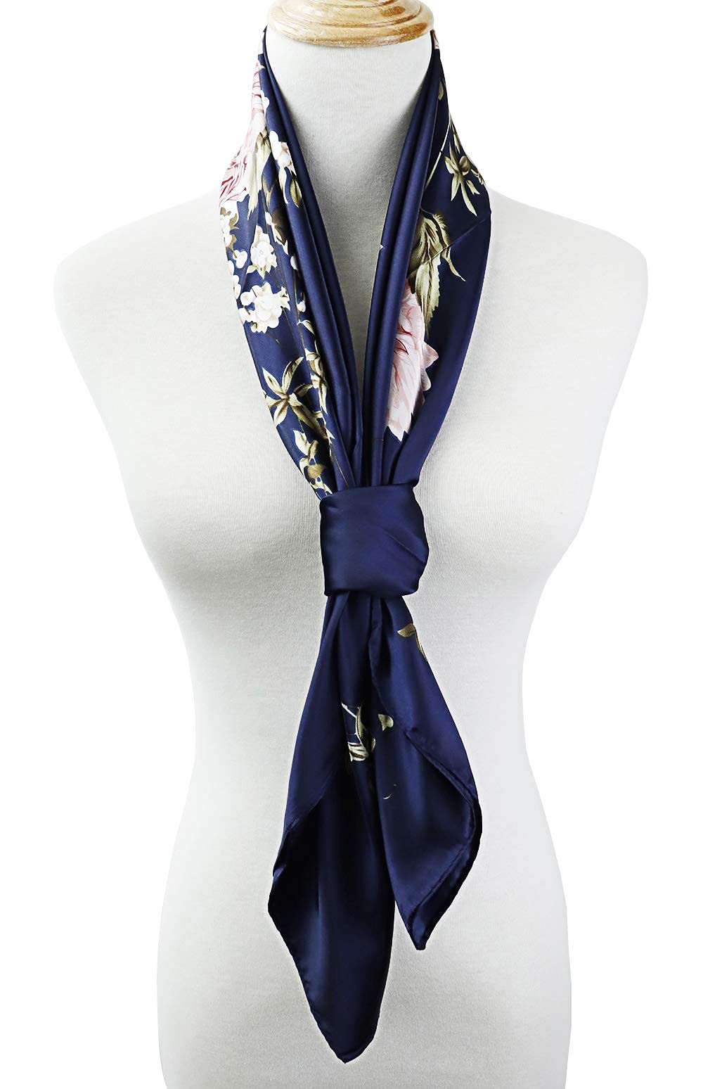 HASTHIP® 2 Pcs 35" Square Scarf for Women, Stylish Satin Silk Scarf, Soft Lightweight Neck Scarf for Office, Travel & Parties, Valentine Gift for Wife, Elegant Floral Prints in Navy Blue & Green