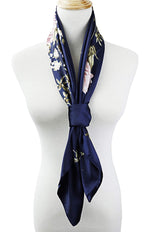 HASTHIP Square Scarf for Women 2 Pcs 35 in Set with Floral Prints in Navy Blue and Green | Soft Satin Silk for Office Travel and Parties