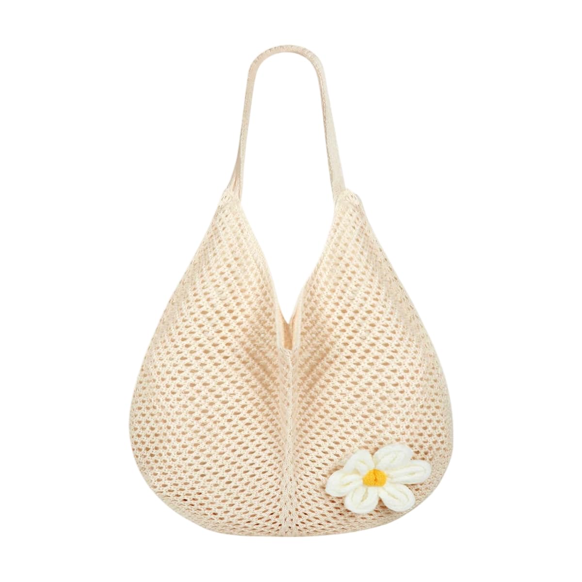 HASTHIP® Bolso de Playa para Mujer Tejido de Rejilla Crochet con Broche Flor,Bolso Mano Verano,Estético Playa Moda Tote Bag Ligero para Vacaciones y Uso Diario