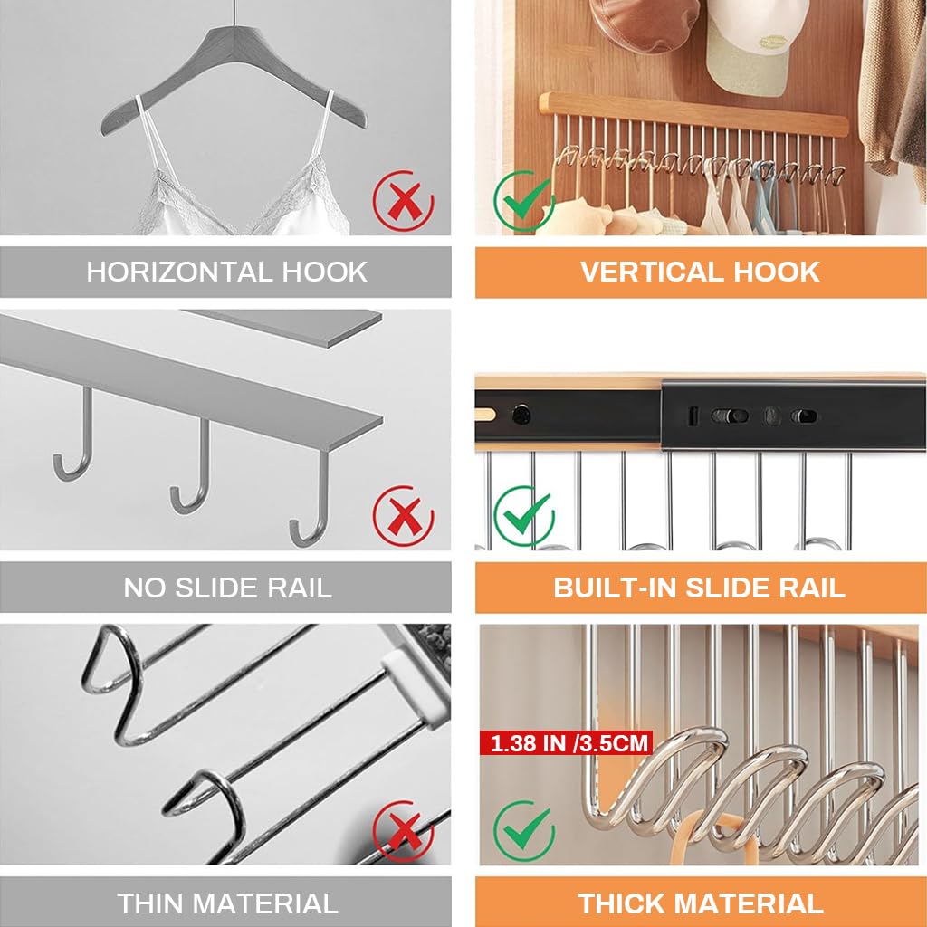 HASTHIP Belt Organiser for Wardrobe featuring 12 U Shaped Hooks 41x8cm Wooden Pull Out Design