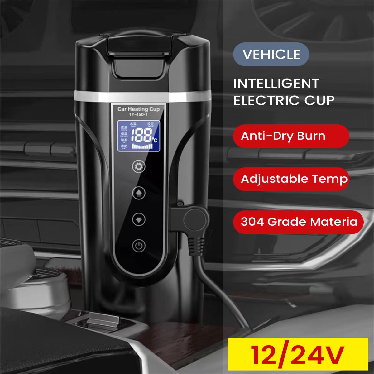 Car Electric Kettle 450ml Electric Heating Water Cup for 12/24V Vehicle LCD Digital Temperature Display Electric Water Kettle 304 Stainless Steel Liner Leak-proof Water Heaters