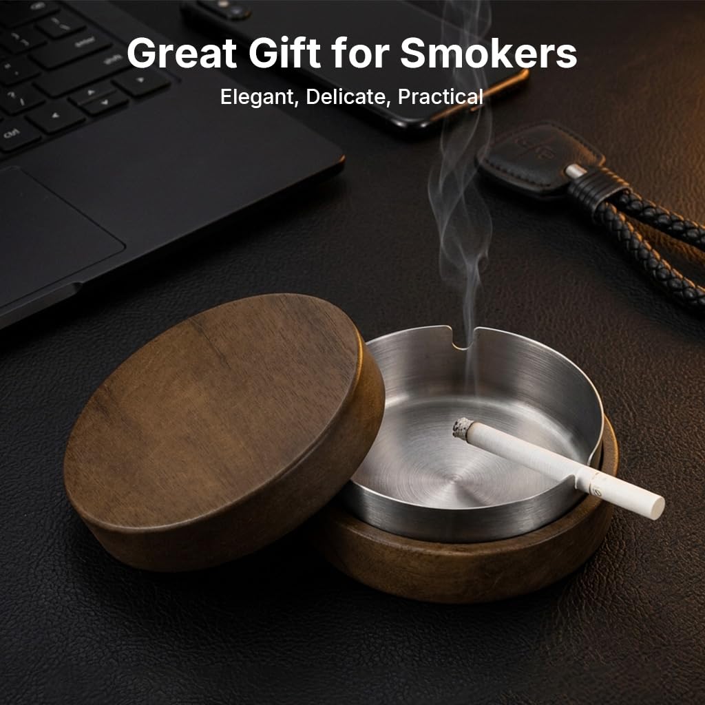 HASTHIP Wooden Ashtray with Lid Removable Stainless Steel Inner Liner