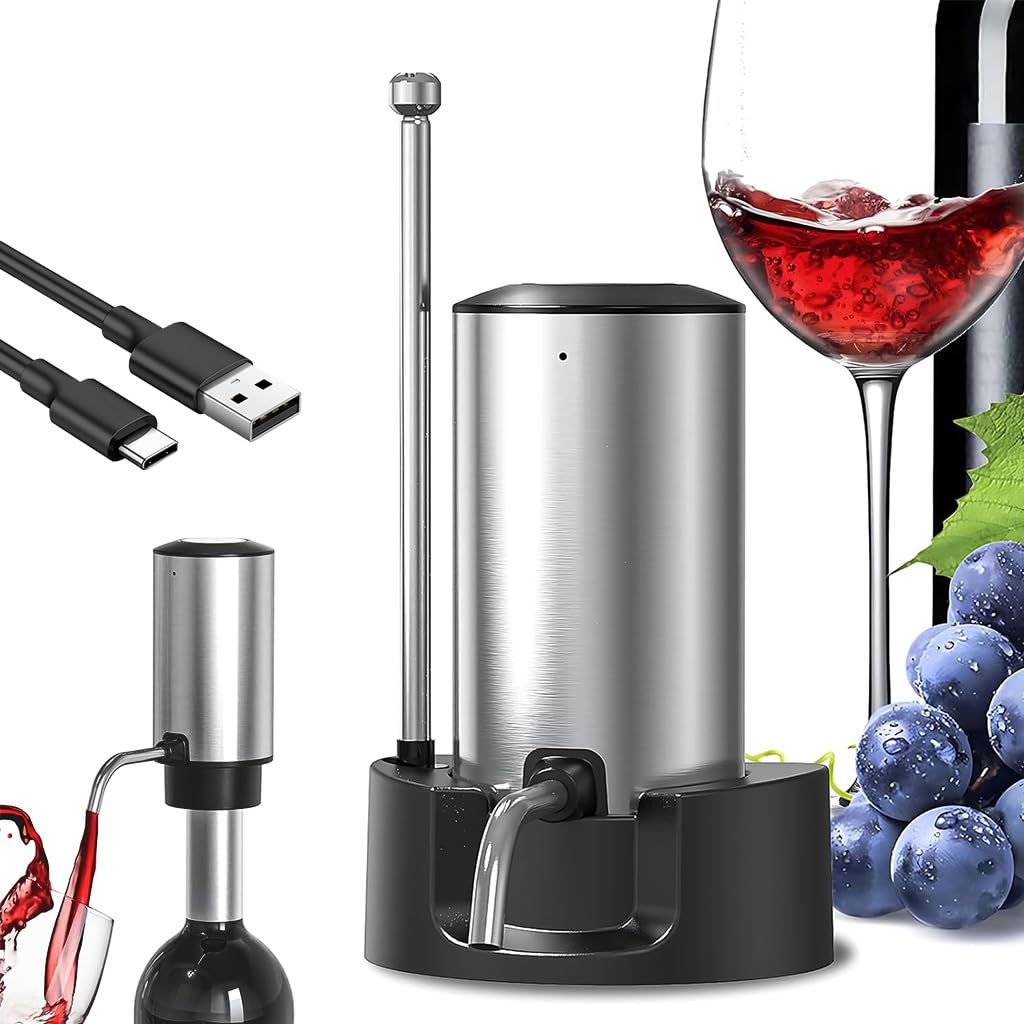 HASTHIP® Electric Wine Aerator Pourer Automatic Wine Dispenser Pump with Retractable Stainless Steel Pipe & Storage Stand Base One-Touch Button Control Instant Oxidation Smart Wine Aerator Decanter