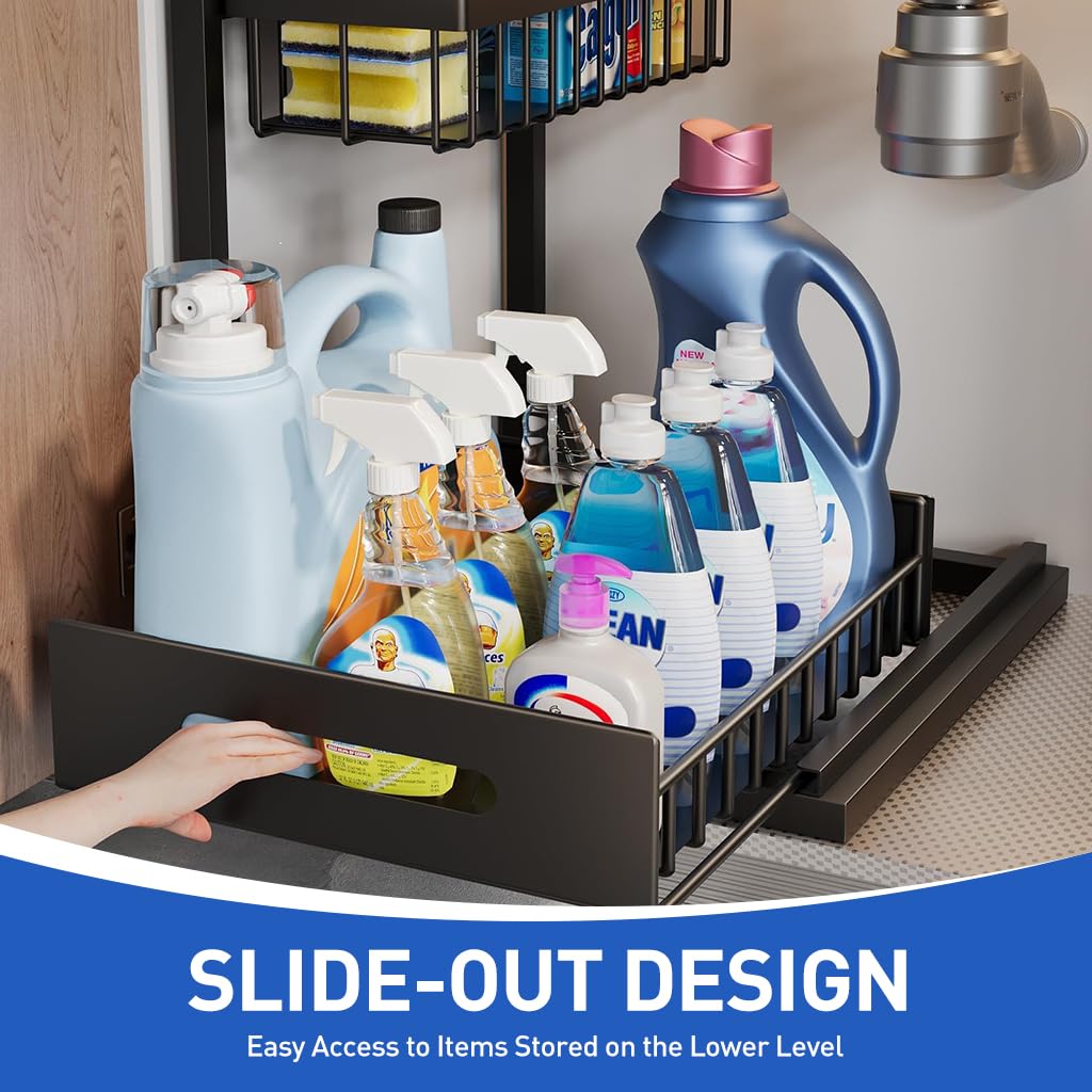 HASTHIP Under Sink Organizer for Kitchen and Bathroom with 2 Tier Pull Out Metal Shelves | Sliding Storage Rack