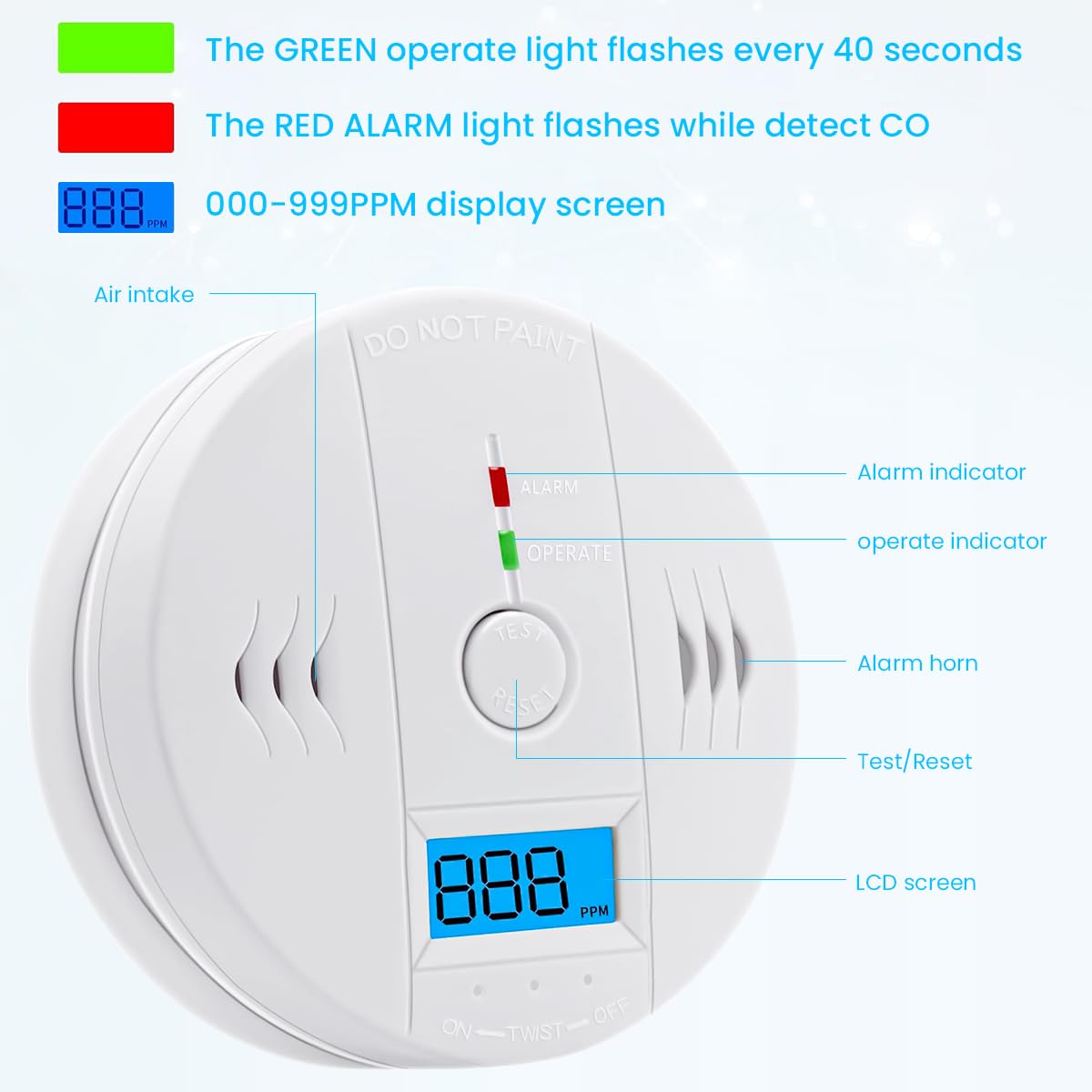 HASTHIP Carbon Monoxide Detector for Home with 85dB Alarm and LCD Display | Battery Operated