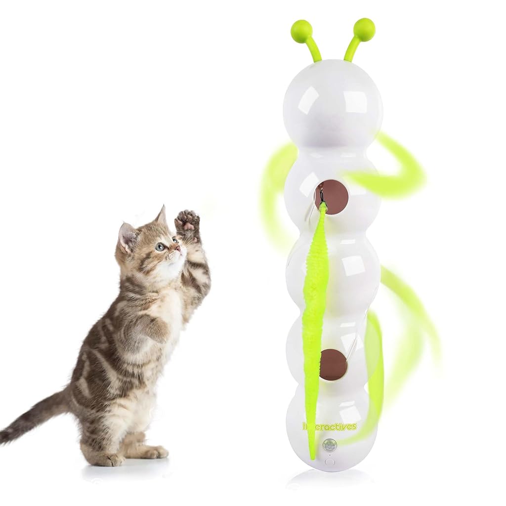 HASTHIP® Interactive Cat Feather Toy, Automatic Fluffy Tail Teaser with Motion Sensor,Whack a mole Cat Toy, USB Rechargeable, Suction Cup for Stable Play, Perfect for Indoor Cats-White