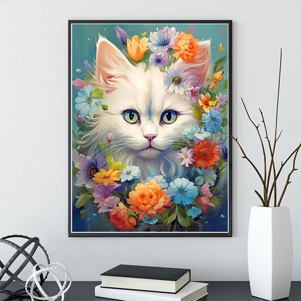 Diamond Painting Kit - 12x16inch White Cat Diamond Painting Kits, 5D Diamond Painting Kit for Adults & Kids, Very Suitable for Home Leisure and Wall Decoration, Gift for Kids and Adults