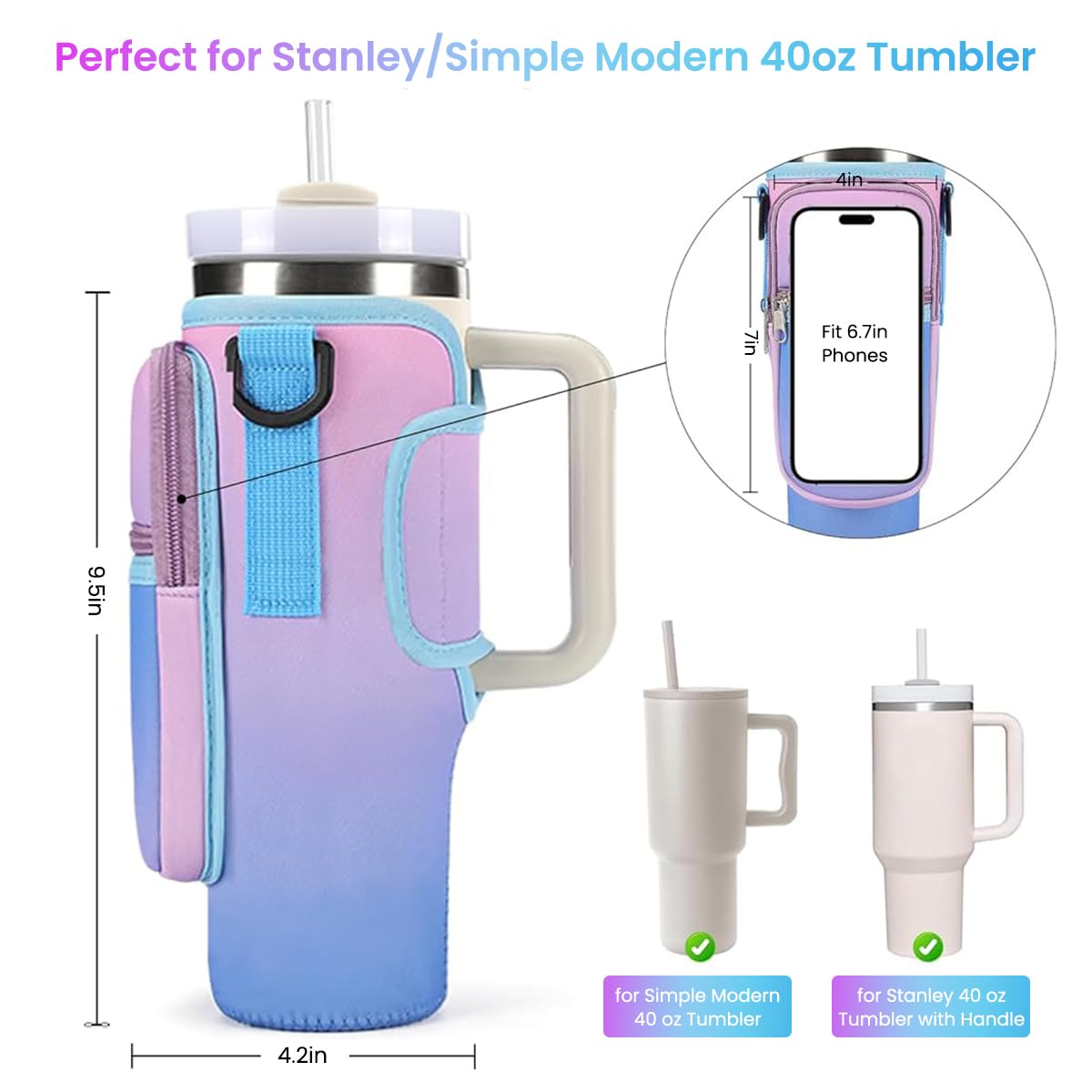 HASTHIP Water Bottle Carrier Bag for Stanley 40oz Tumbler with Phone Pouch and Strap | Neoprene Gradient Purple 3 PCS