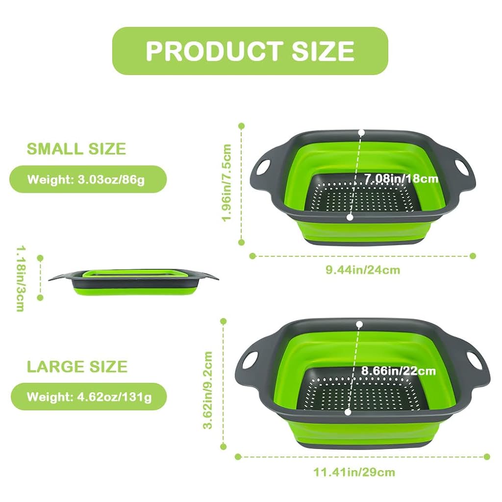 HASTHIP® 2-piece foldable silicone square retractable drain basket filter set, green-Green