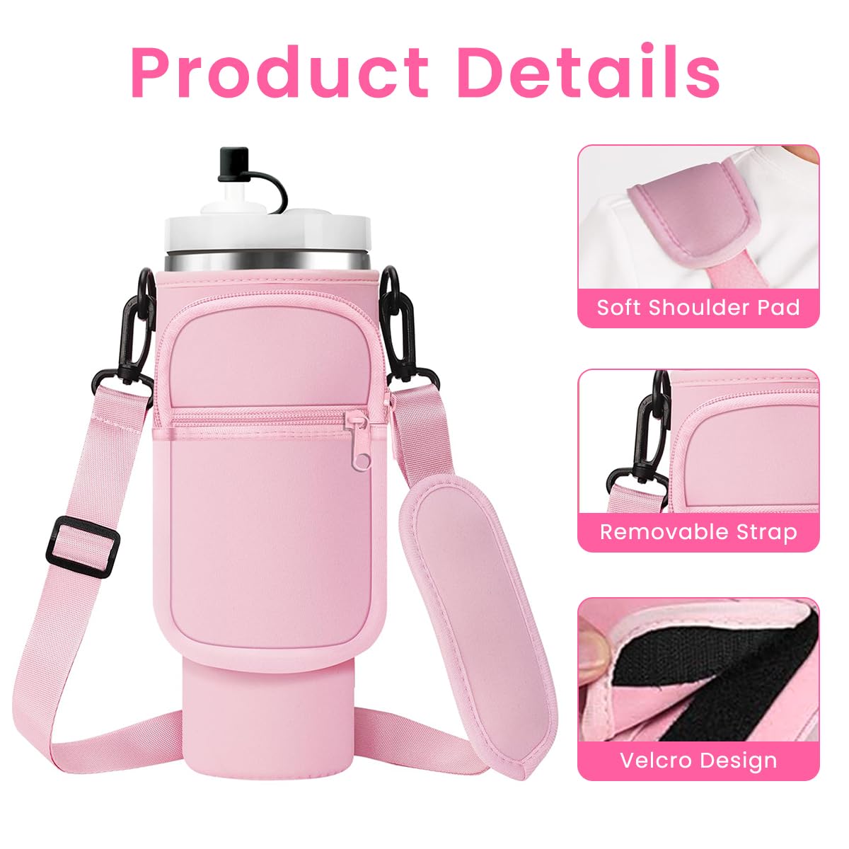HASTHIP Water Bottle Carrier Bag for Stanley 30 oz Tumbler with Phone Pocket and Adjustable Strap | Pink Neoprene Holder