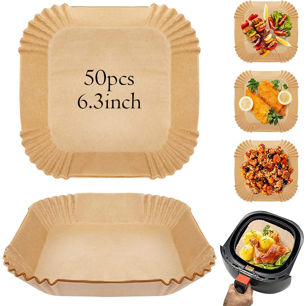 HASTHIP Air Fryer Paper Sheets for Baking and Cooking with 50Pcs 6.3 in Greaseproof Liners | Brown Parchment for Microwave and Oven Use