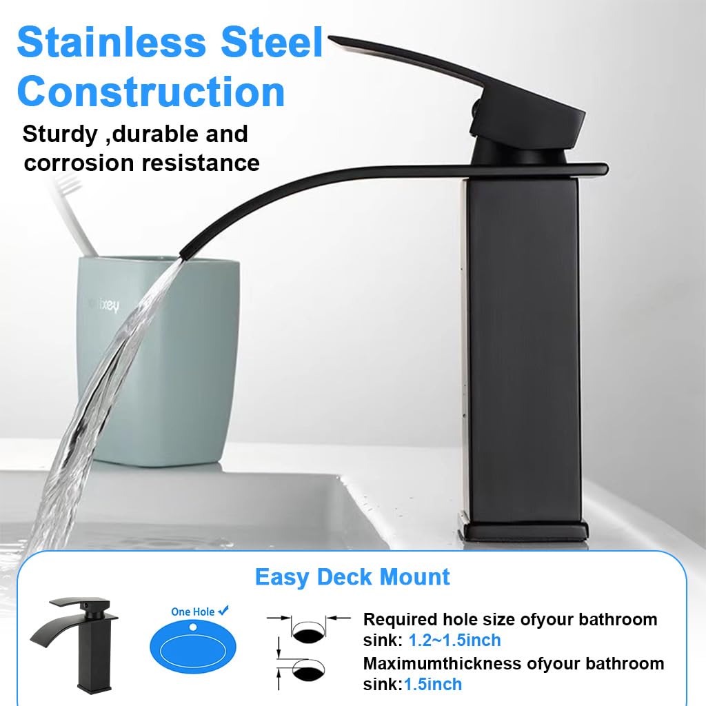 HASTHIP® Matte Black Waterfall Bathroom Faucet, Stainless Steel Single Handle Mixer Sink Faucet, Deck-Mounted Single Hole Vanity Faucet with Curved Spout, Modern Lavatory Basin Tap