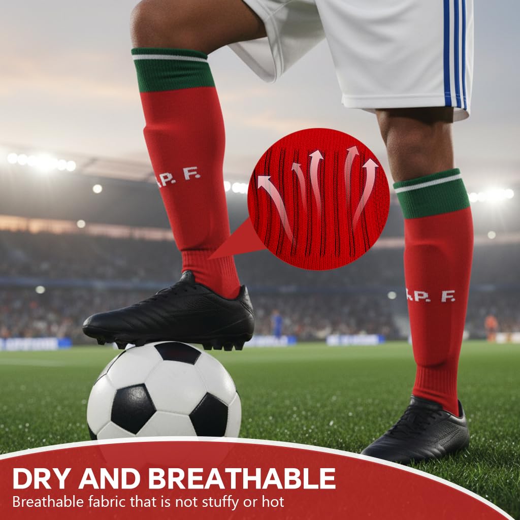 HASTHIP® Sport Compression Football Socks, Portugal Special Edition Football Socks, High Elastic Moisture Wicking Soccer Socks with Striped Cuff, Athletic Over the Calf Dress Socks, Size - M