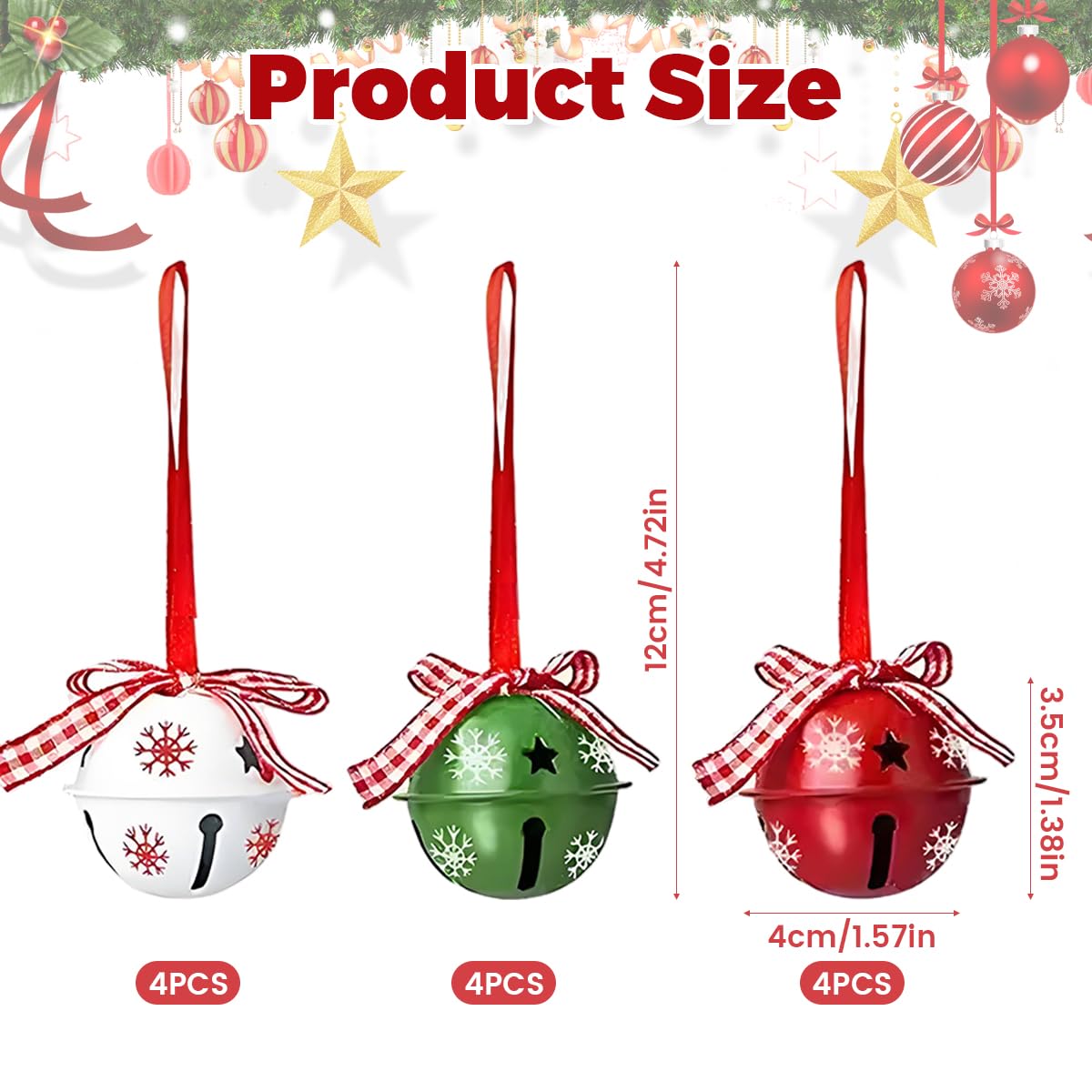 HASTHIP Christmas Bell Ornaments for Tree Decorating with 12 Metal Bells and Checkered Ribbons | Green Red White Holiday Décor