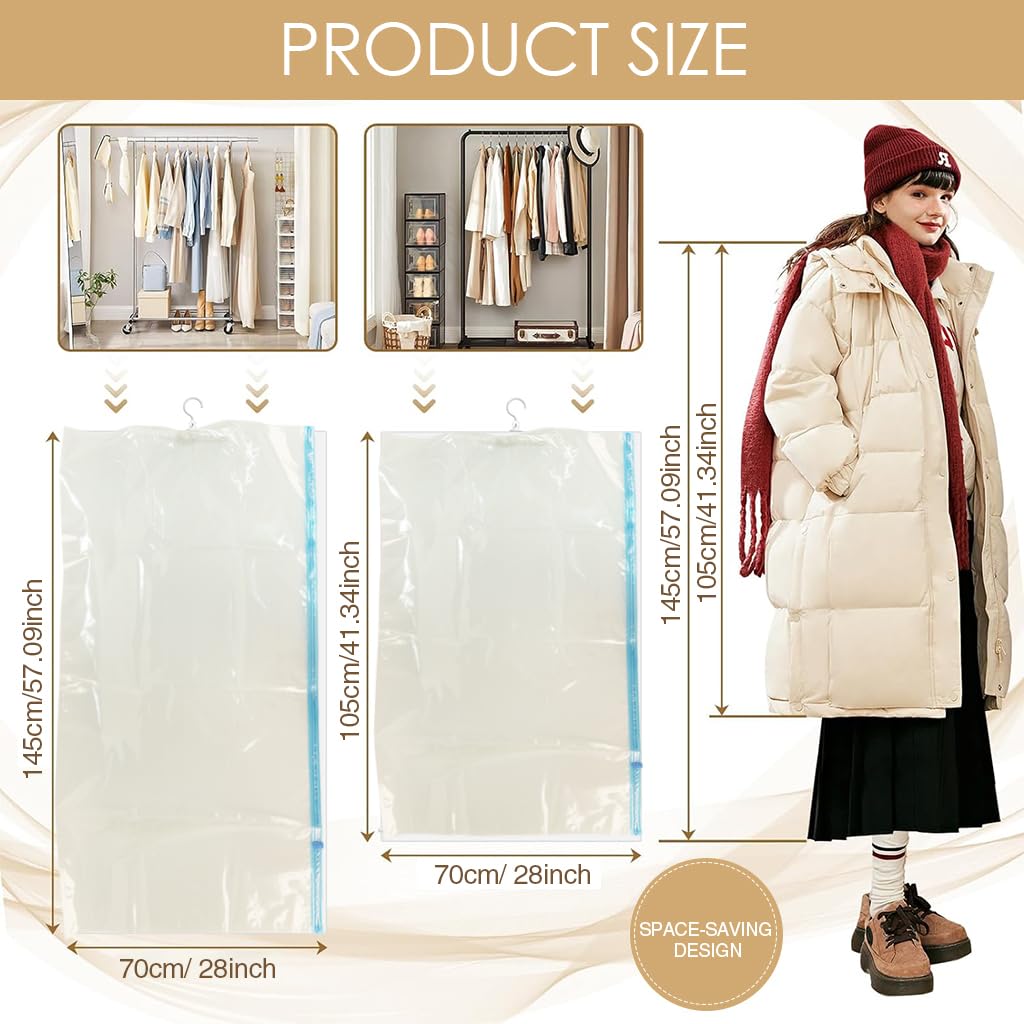 HASTHIP Hanging Vacuum Storage Bags for Clothes with Double Seal Zippers and Hooks | 4Pcs 41 and 57 in Dustproof Closet Bags