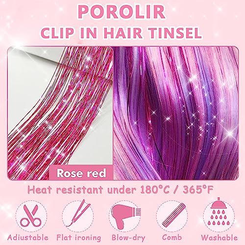 HASTHIP® 6 extensiones de cabello con purpurina y clip, color rosa, 52 cm, brillantes, para festivales