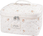 HASTHIP® Makeup Bag for Women Quilted Cotton Make Up Bag Travel Large Cosmetic Organizer Floral Toiletry Bags Makeup Pouch for Purse-White