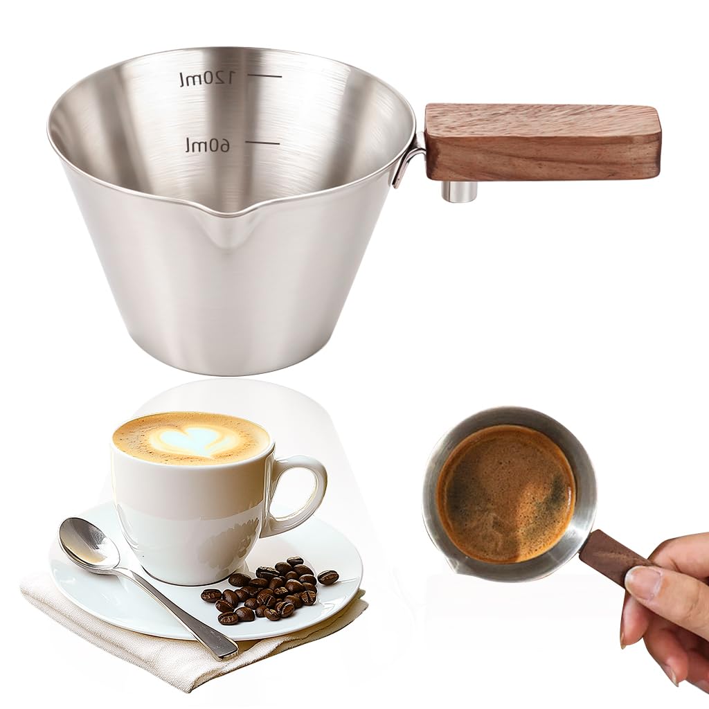HASTHIP® Taza de Café Espresso de 120 ml,Vaso Medidor Acero Inoxidable Cepillado con Mango Madera,Diseño V-Boquilla Antigoteo Taza Multifuncional para Café,Leche y Aceite Cocina