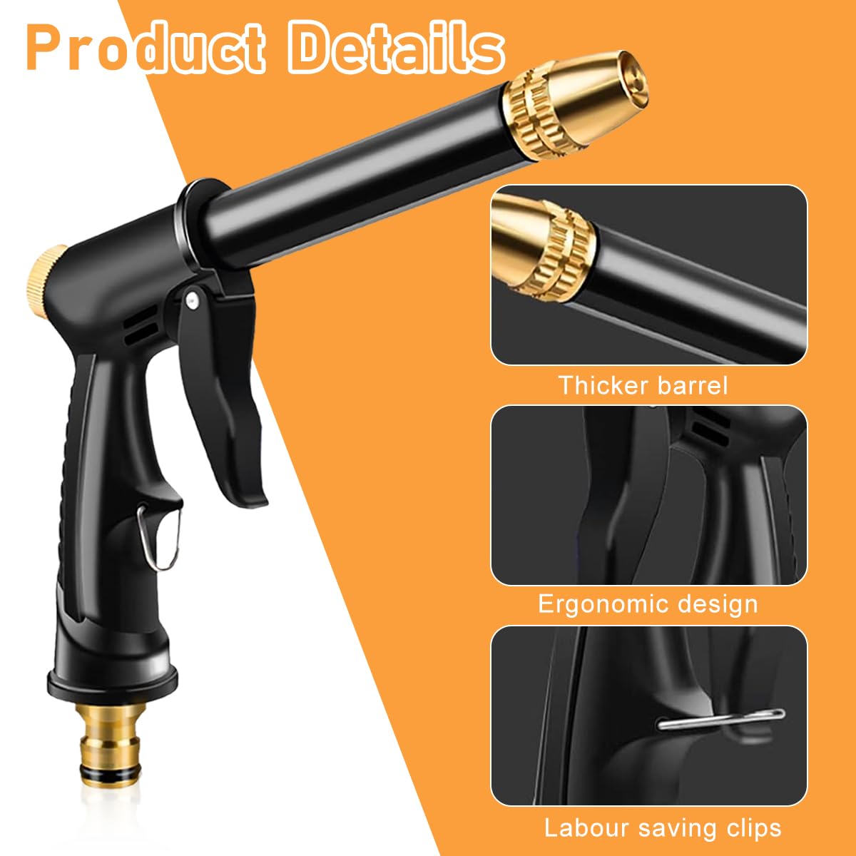HASTHIP® High Pressure Water Spray Gun 7.2 inches Heavy Duty Metal Pressurized Sprayer Water Gun with 4 Spray Patterns Multi Purpose Water Spray Gun for Car Washing, Gardening, Watering, Irrigation