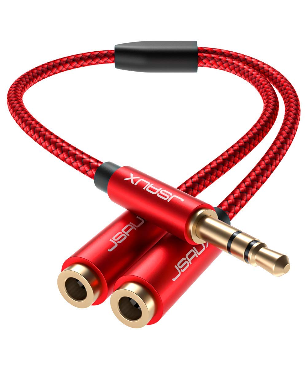 HASTHIP® Adaptador Divisor Auriculares 3.5mm, Cable Y Estéreo de 1 Macho a 2 Hembras, Splitter Audio y Micrófono Compatible con PS5, Xbox, PC, Portátil, Smartphone, Tableta - Rojo