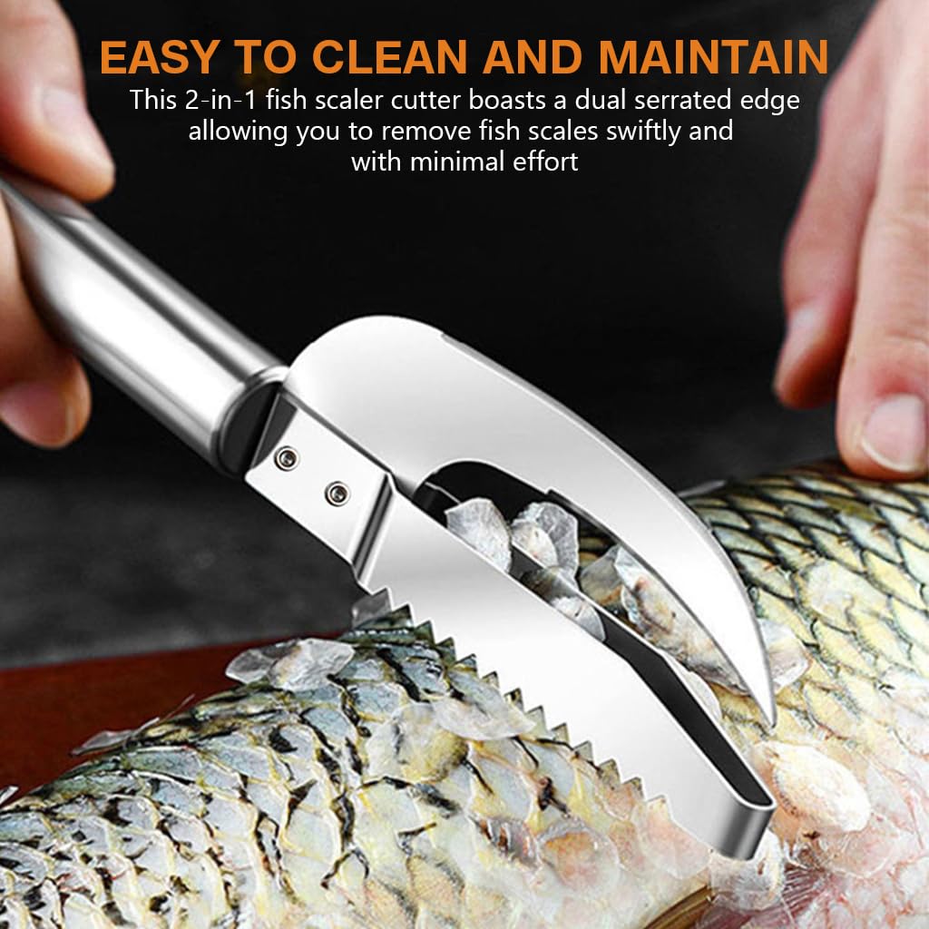 HASTHIP Fish Scale Remover for Kitchen with Dual Serrated Edge and Ergonomic Stainless Steel Handle | 2 in 1 Scaler and Cutter