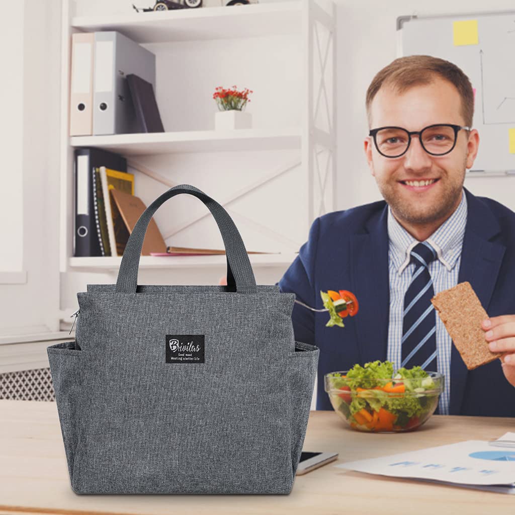 HASTHIP Lunch Bag for Office and School with 20×14×25cm Capacity featuring Full Zipper and Grey Oxford Fabric | Insulated Bento Box for Men Women Kids