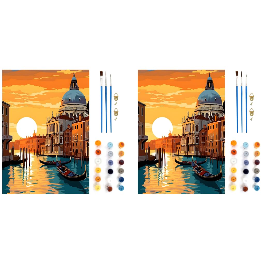 HASTHIP Paint by Numbers Kit for Adults with Acrylic Paints and Brushes 16x20 in 2 PCS | Sunset Riverside Landscape Canvas Art