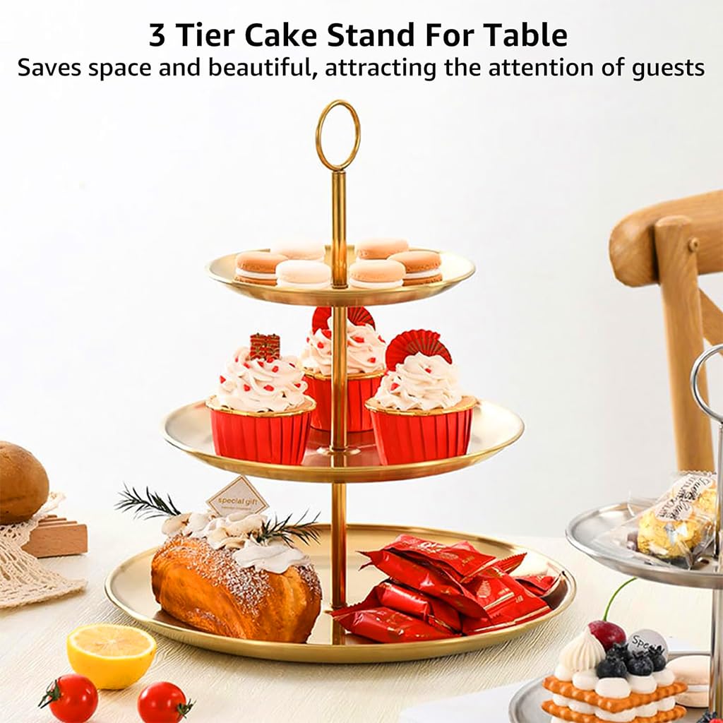 HASTHIP Cupcake Stand for Weddings and Parties with 3 Tier Display 17 cm 23 cm 30 cm | Elegant Gold Stainless Steel Dessert Tower