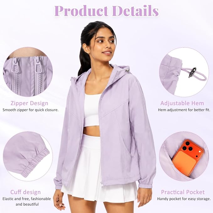 HASTHIP Women's Lightweight Waterproof Hooded Windbreaker Jacket - L