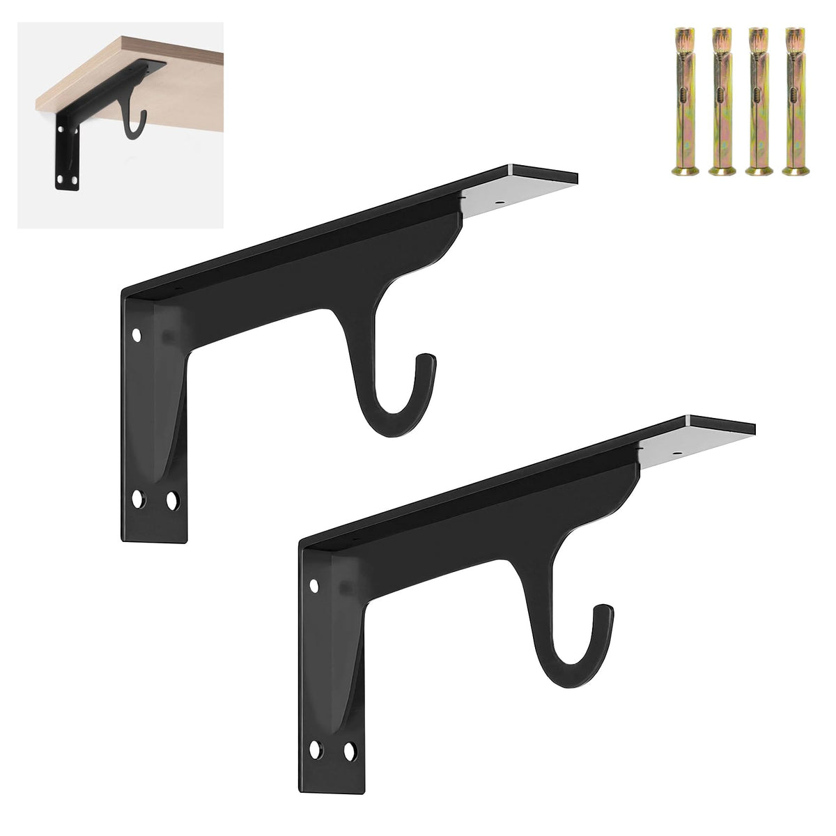 HASTHIP® Wall Shelf Brackets with Hook, Wall Mounted Wall Bracket Shelf, Support Bracket for Home Decor Steel Storage Shelf Brackets with Dual Hook Design, for Wall, Cabinet, Wardrobe
