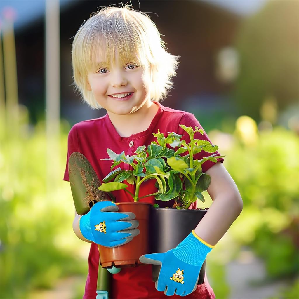 HASTHIP Kids Gardening Gloves for Outdoor Play with Protective Rubber Coating | 3 Pairs for Ages 5–9