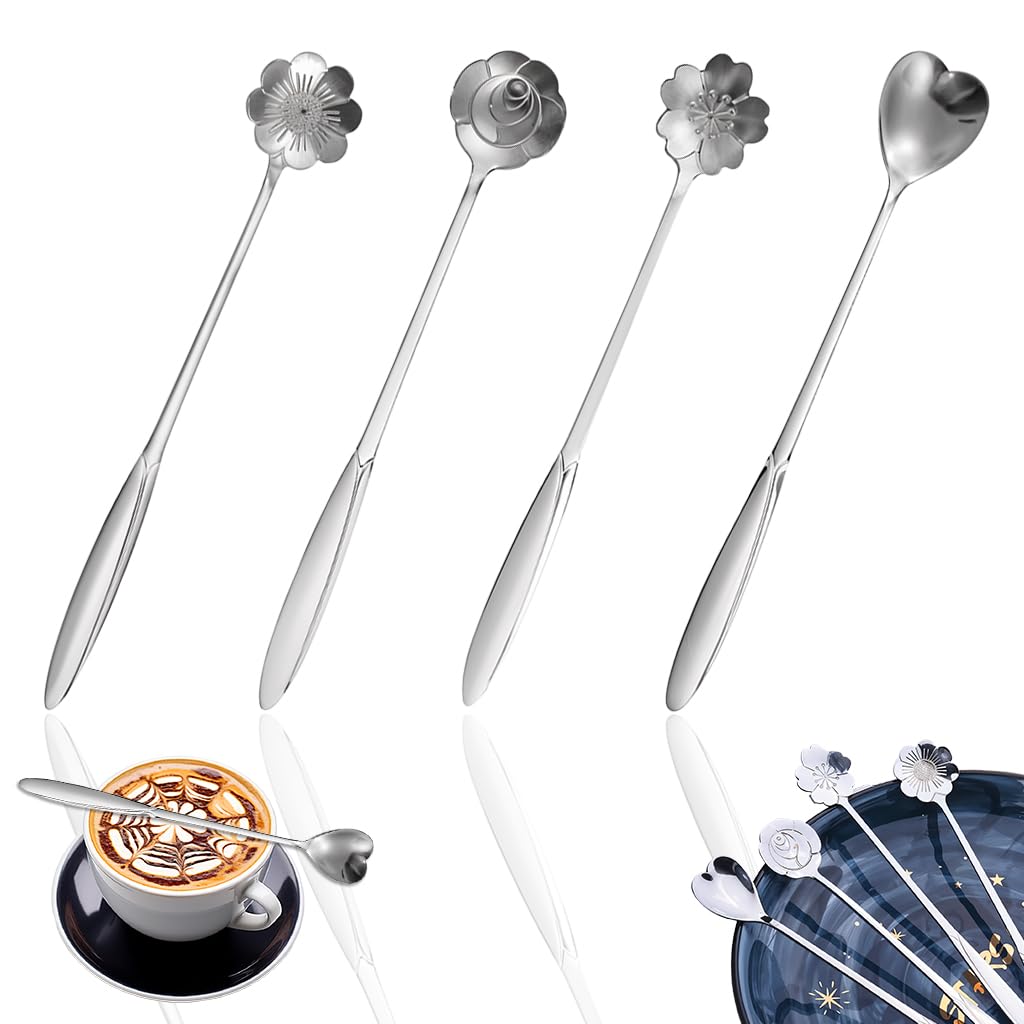 HASTHIP Coffee Spoon Set 4 Pcs for Tea and Desserts with 18cm Gold Flower Design | Silver Stainless Steel Tableware