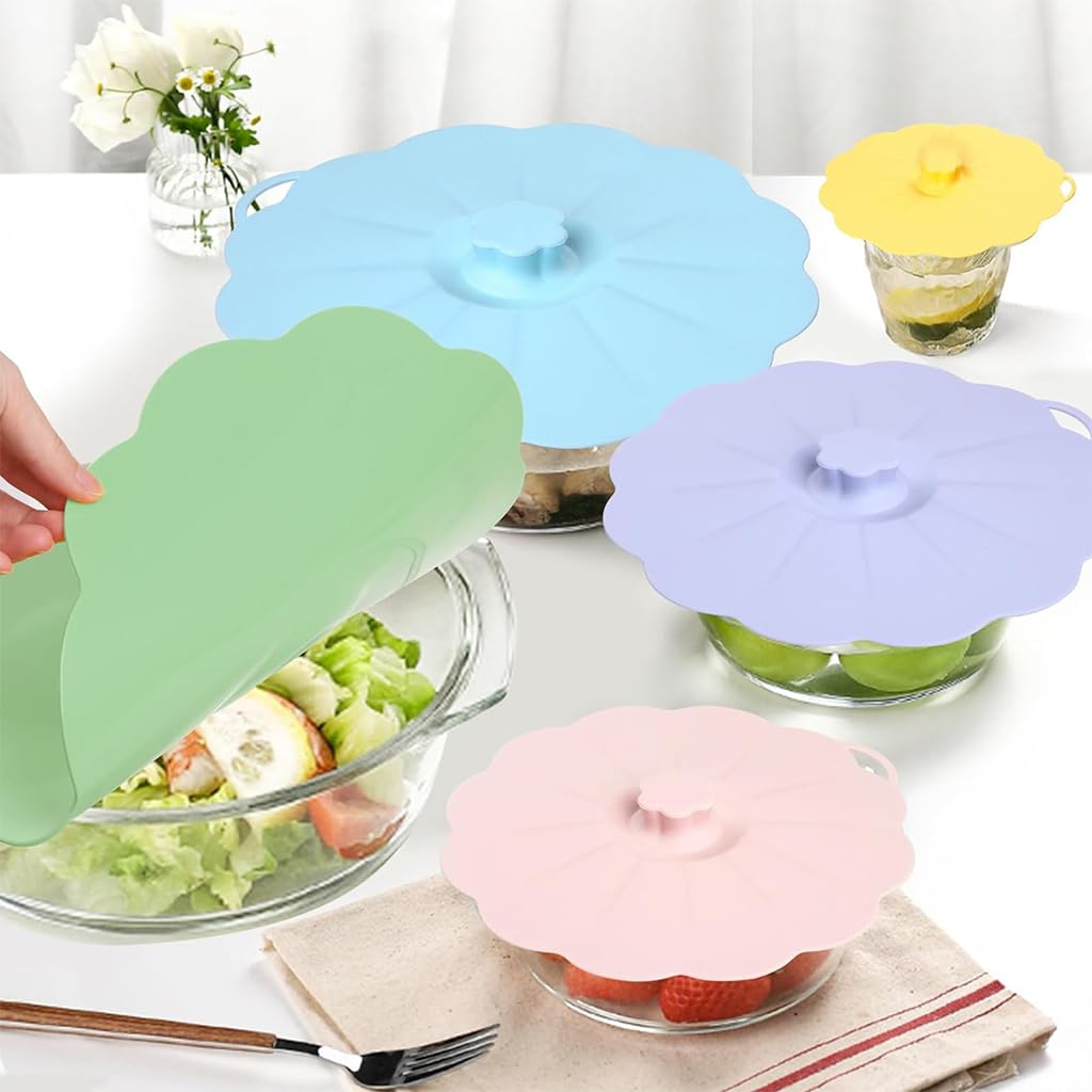 HASTHIP Silicone Lids for Kitchen Containers with 5 Sizes 4–12 in featuring Flower Shape Design