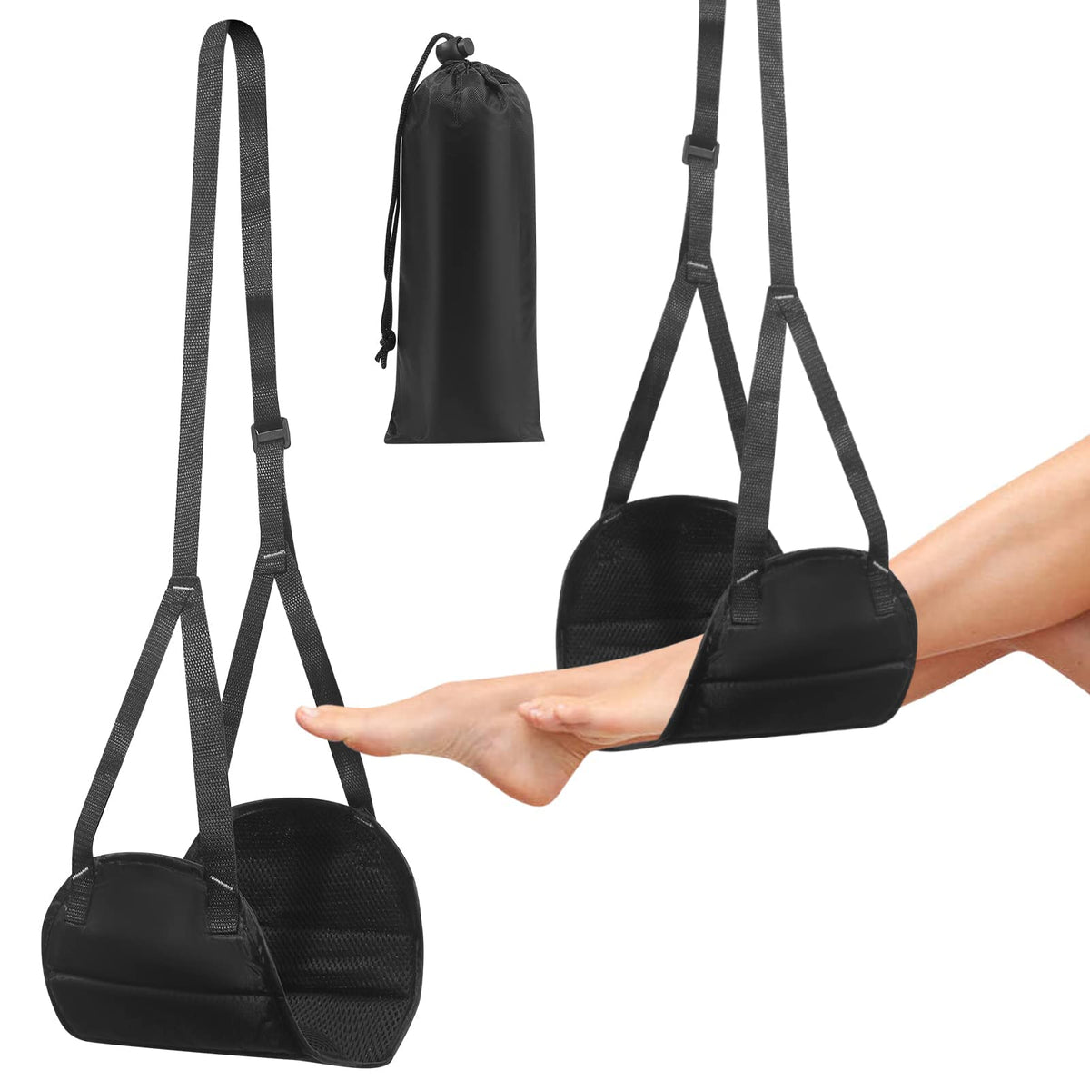 HASTHIP Airplane Footrest for Travel with Adjustable Straps and Wide Hammock Design | Black