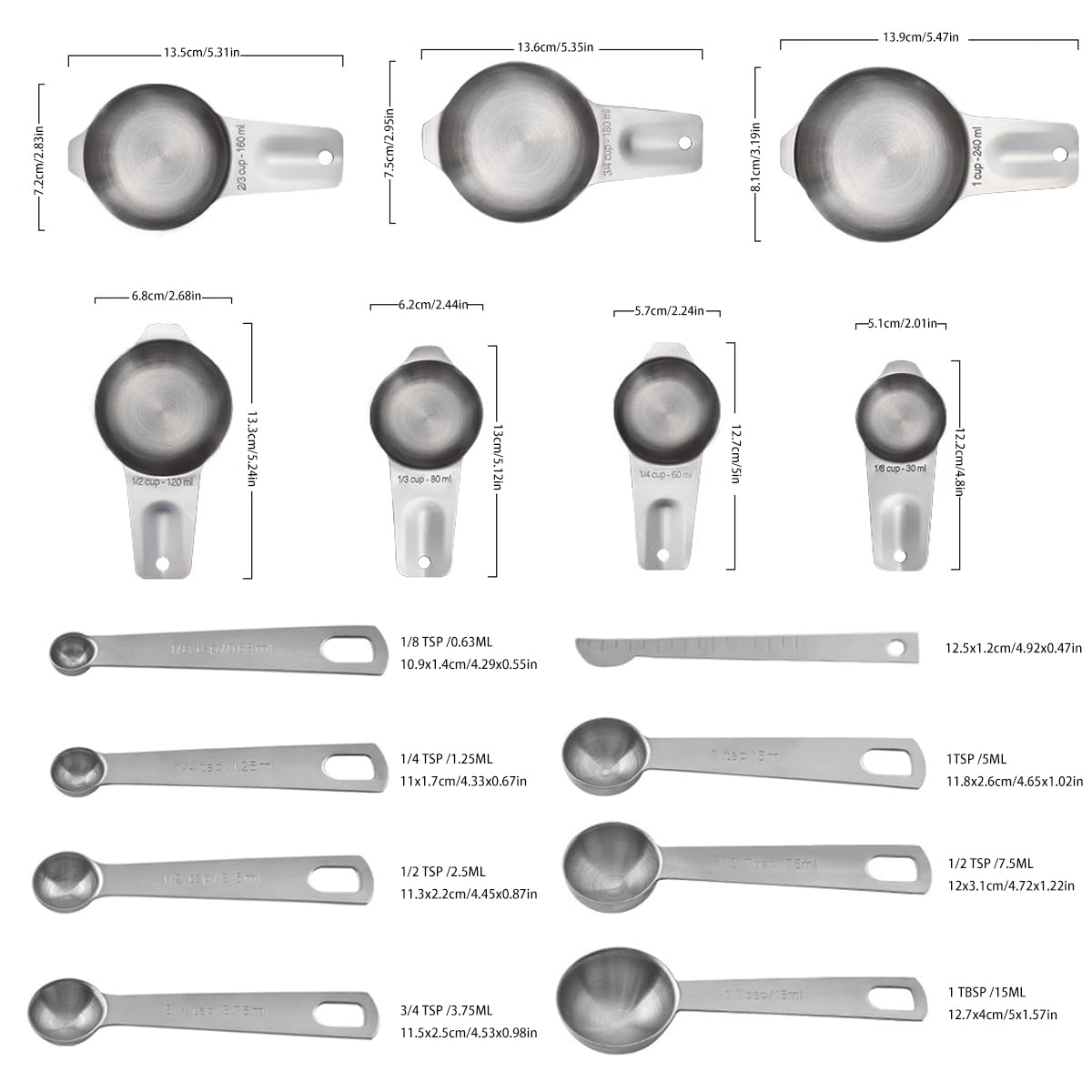 HASTHIP® 15-Piece Kitchen Measuring Cups & Spoons Set with 7 Cups, 7 Spoons, 1 Leveling Ruler & 2 Detachable Rings, Kitchen Gadgets for Cooking & Baking (Silver)