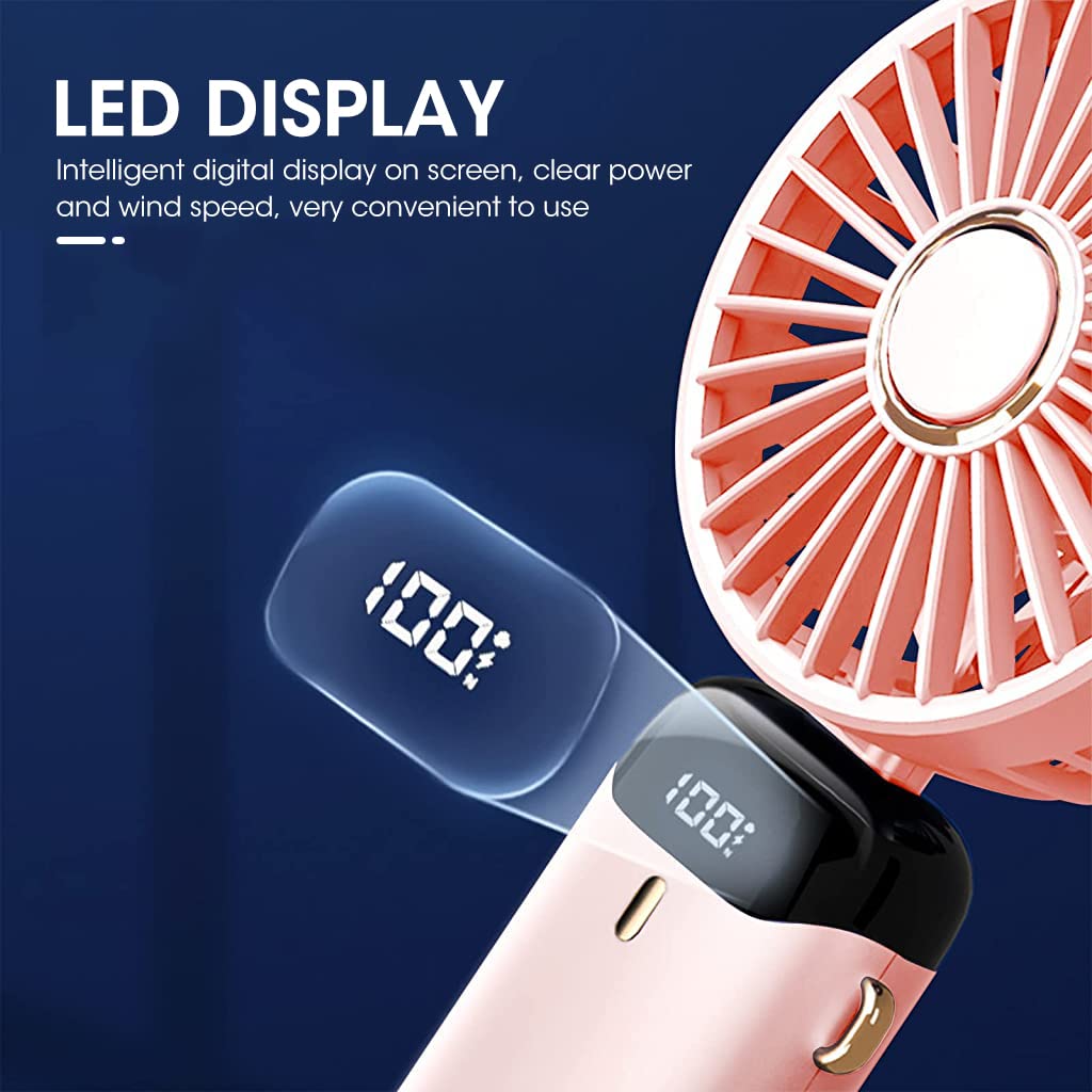 Hand Fan for Women, Mini Small Portable Fan with USB Charging, 5 Speeds Fan with Lanyard, Fragrance Sheet and Base, Built-in 3000mAh Battery, Foldable 90°, LED Battery Level Display (Pink)