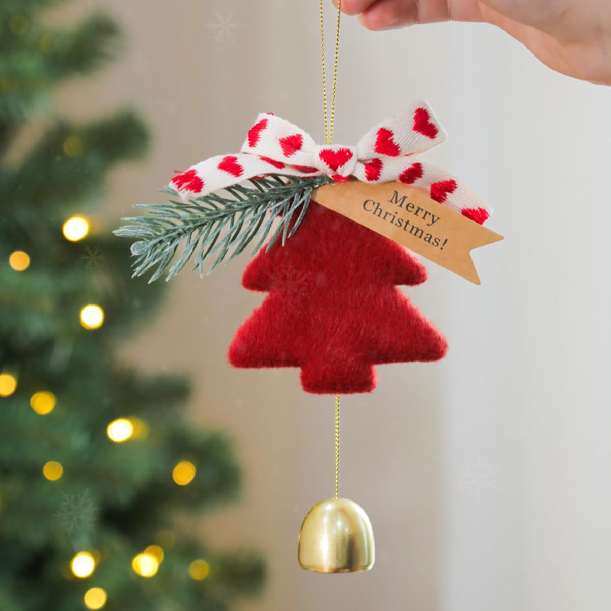 HASTHIP Christmas Tree Ornament for Home and Car Decor featuring Golden Bell and Red Plush 14x23cm