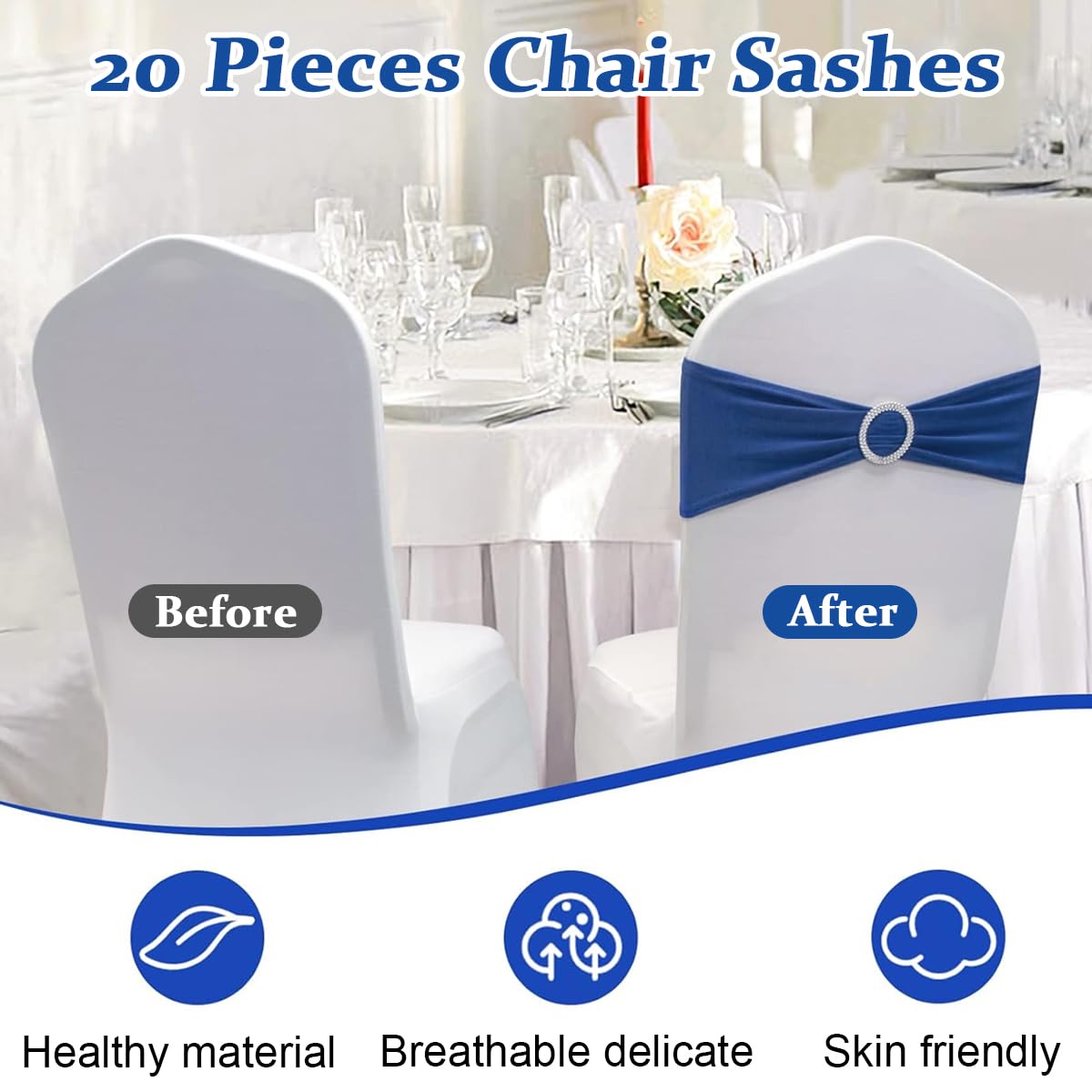 20Pack Chair Sashes Chair Bows Stretch Chair Sashes Spandex Chair Cover Band with Buckle for Wedding Hotel Banquet Birthday Party Home Decorations, Blue