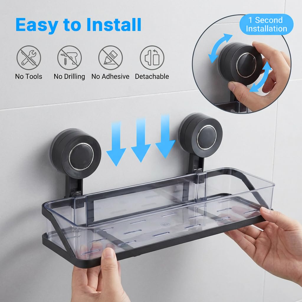 HASTHIP Suction Cup Bathroom Shelf, Large Capacity No-Drill Shower Organizer