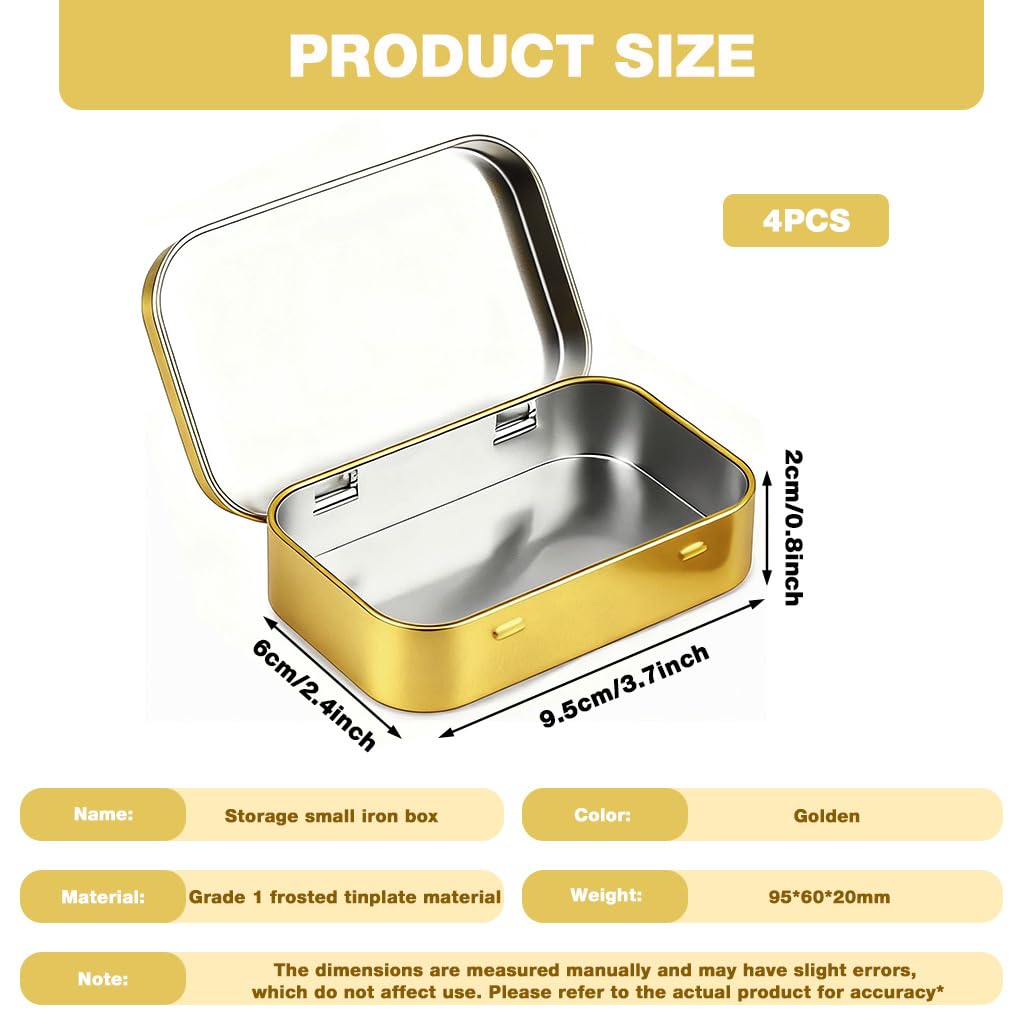 HASTHIP Small Tin Boxes for Crafts and Spices with Secure Lids 4Pcs 9.5x6x2.2cm | Gold Aluminium Storage Containers