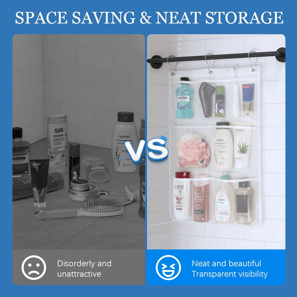 HASTHIP Mesh Shower Caddy Organizer with 6 Pockets and Metal Hooks featuring Quick Drying Mesh | White Bathroom Storage