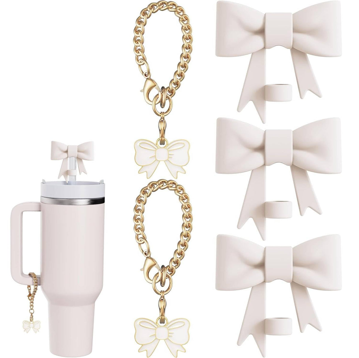 HASTHIP Stanley Cup Accessories with Bow Straw Covers & Chain Charms for 30&40 Oz Tumbler | Food‑Grade Silicone Set