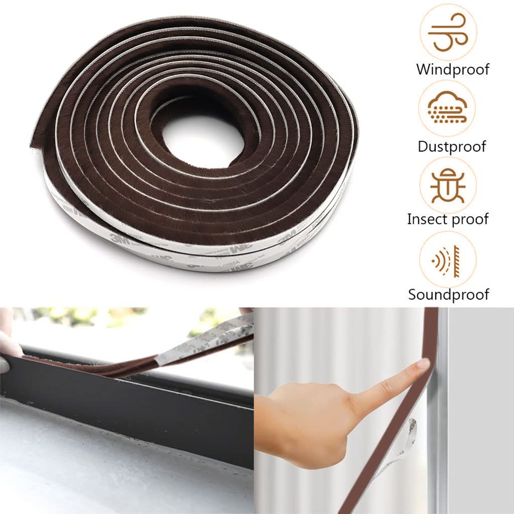 10 Meters Soundproof Window Sealing Strips, Windproof Dustproof Door Window Frame Seal Self Adhesive Brush Strip, Sliding Window Seal, Window Door Seal, Sliding Door Seal Strip (Brown)