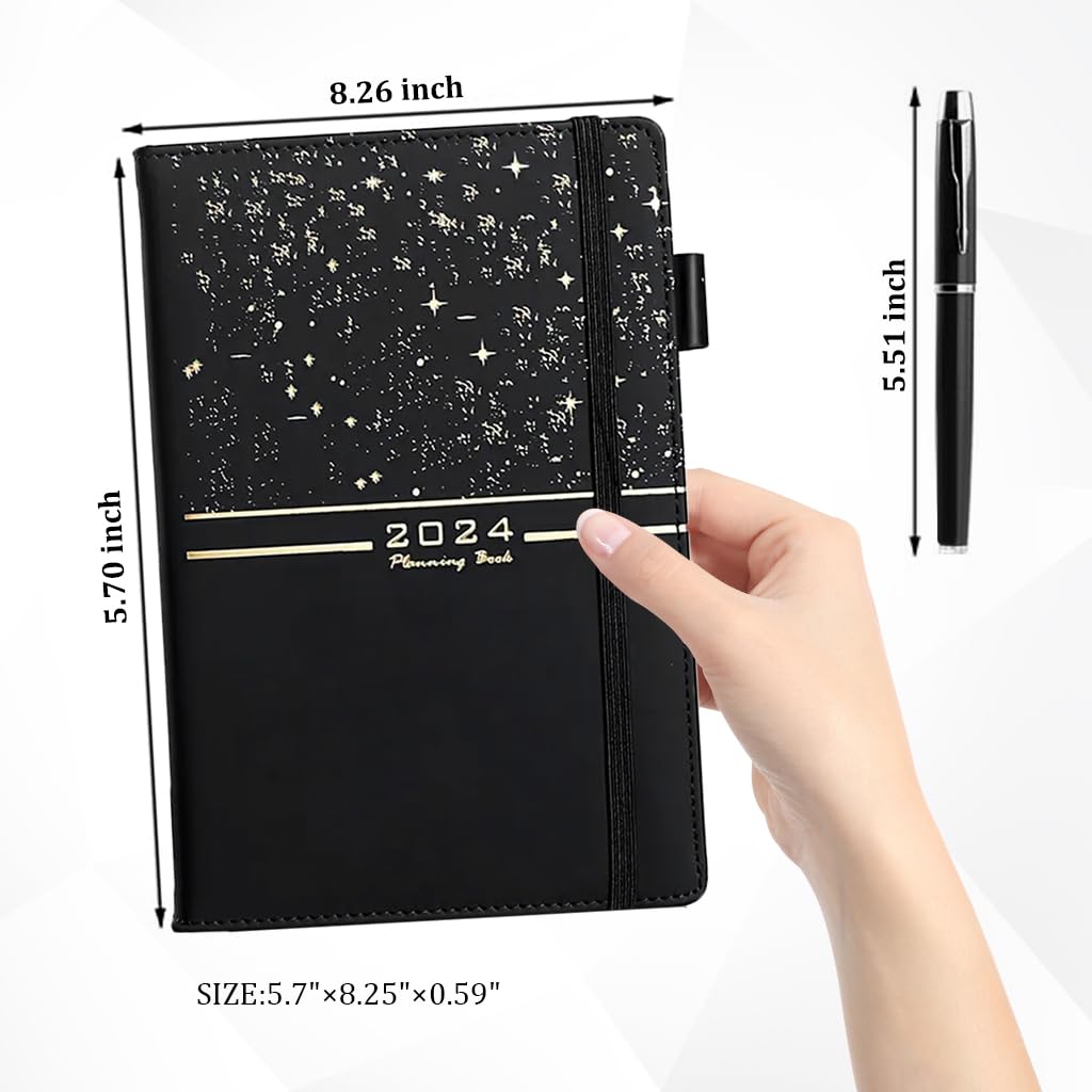 HASTHIP® 2024 Daily Planner, A5 Daily Diary, PU Leather Cover, Pen, Refill & Gift Box, Yearly, Monthly, Daily Planner Diary, Star Golden Embossing Cover Design Daily Planner, Gift for Kids Students