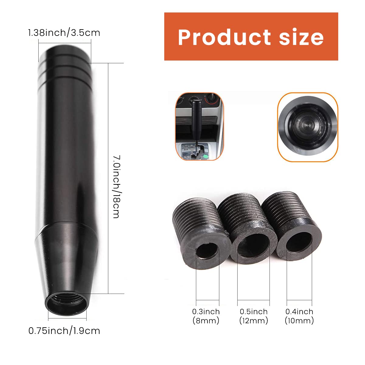 ZIBUYU® Car Gear Shift Knob, Universal Car Gear Shifter, 7" Gear Shift Handle Aluminum Alloy Shifting Lever Stick Shifter Knob Handle Fit Most Manual Automatic Vehicles with 8/10/12mm Adapters, Black