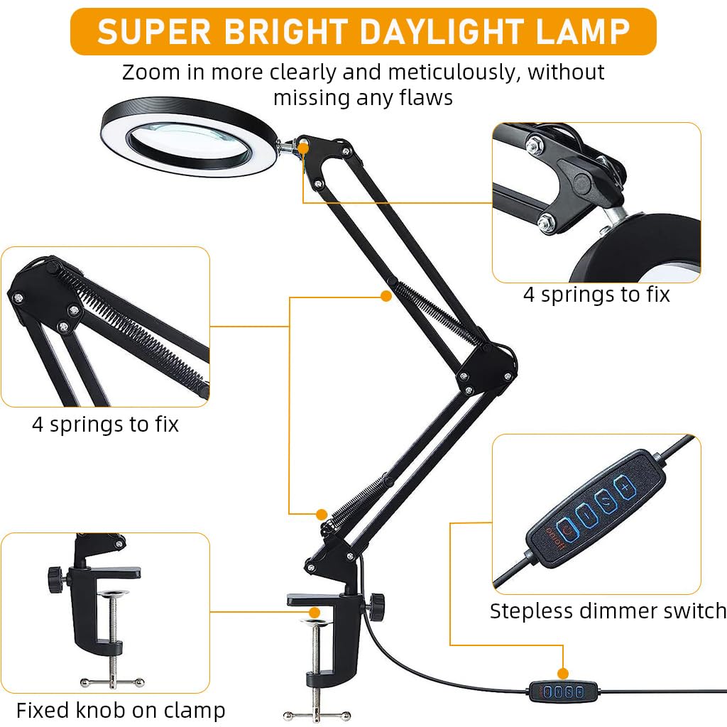 HASTHIP Desk LED Magnifier for Reading and Repairing with 10X Lens and Flexible Arm | 3‑Color USB Lamp