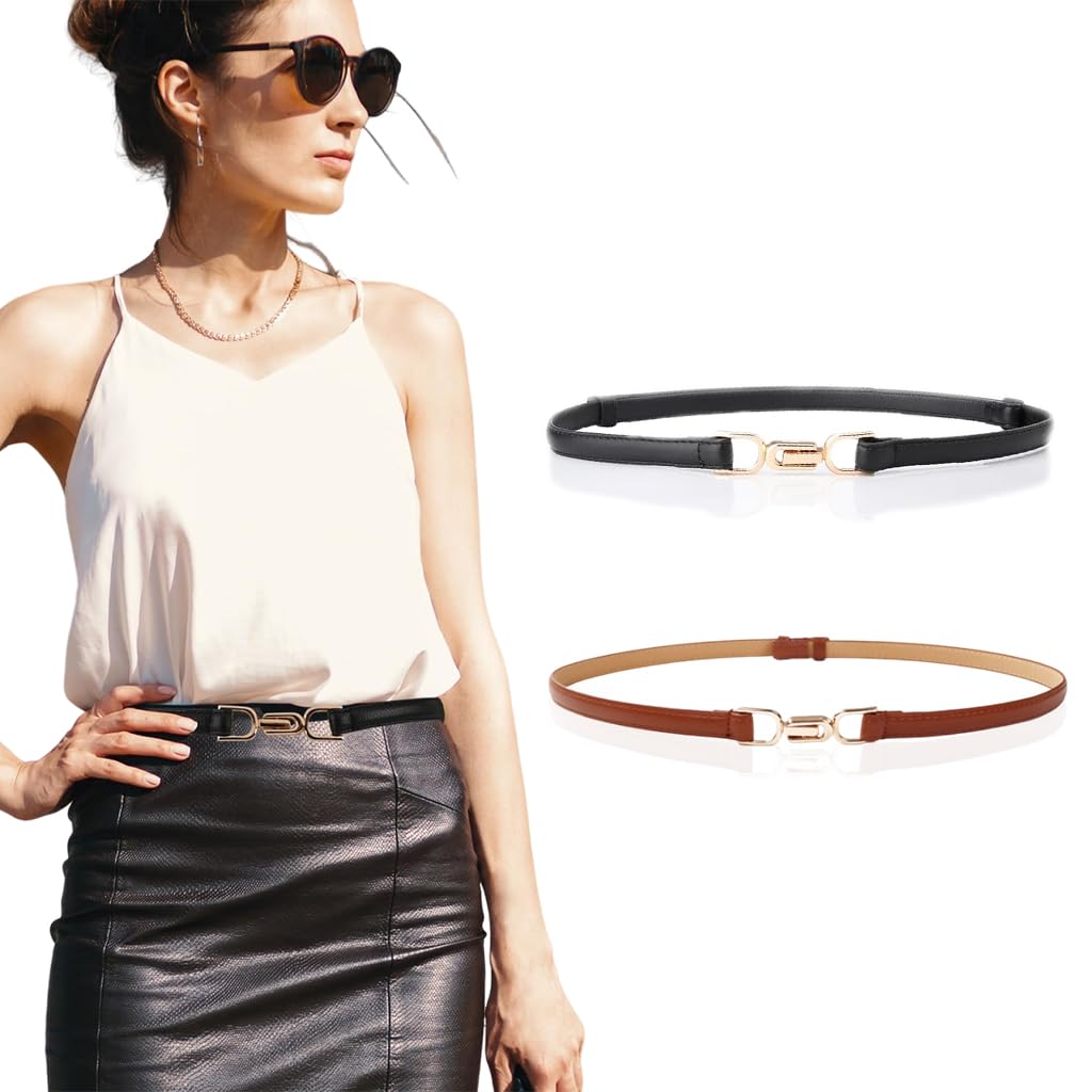 HASTHIP® Cinturones Finos para Mujer 2 Piezas, Cinturón de Cuero PU con Hebilla Dorada Ajustable, Cinturón Elegante para Vestidos, Camisas, Blazers y Conjuntos de Moda