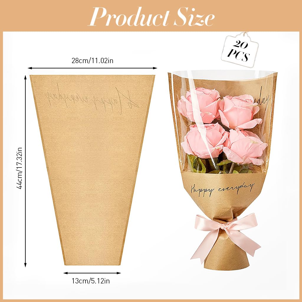 HASTHIP Flower Wrapping Paper for Bouquets with Transparent Front and 20Pcs Brown Print | Ideal for Florists and Weddings