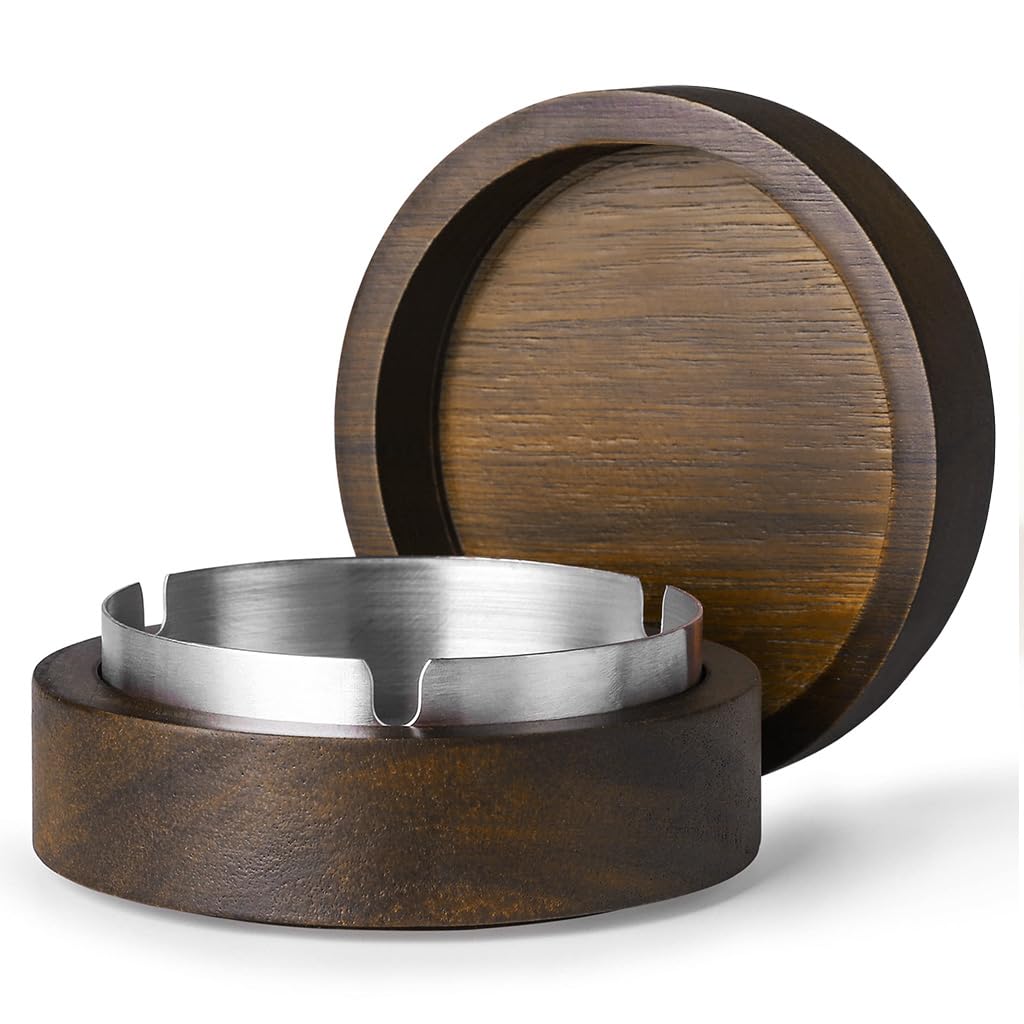 HASTHIP Wooden Ashtray with Lid Removable Stainless Steel Inner Liner