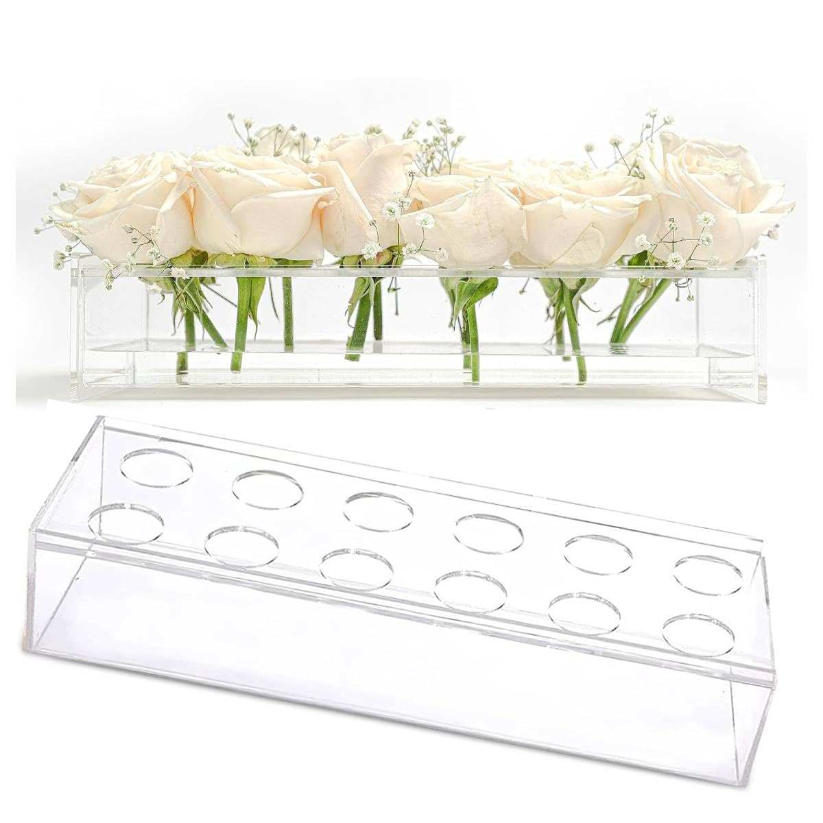 HASTHIP Clear Acrylic Flower Vase for Wedding and Home Decor featuring 12 Holes | 30×10×6.5 cm Rectangular Centerpiece